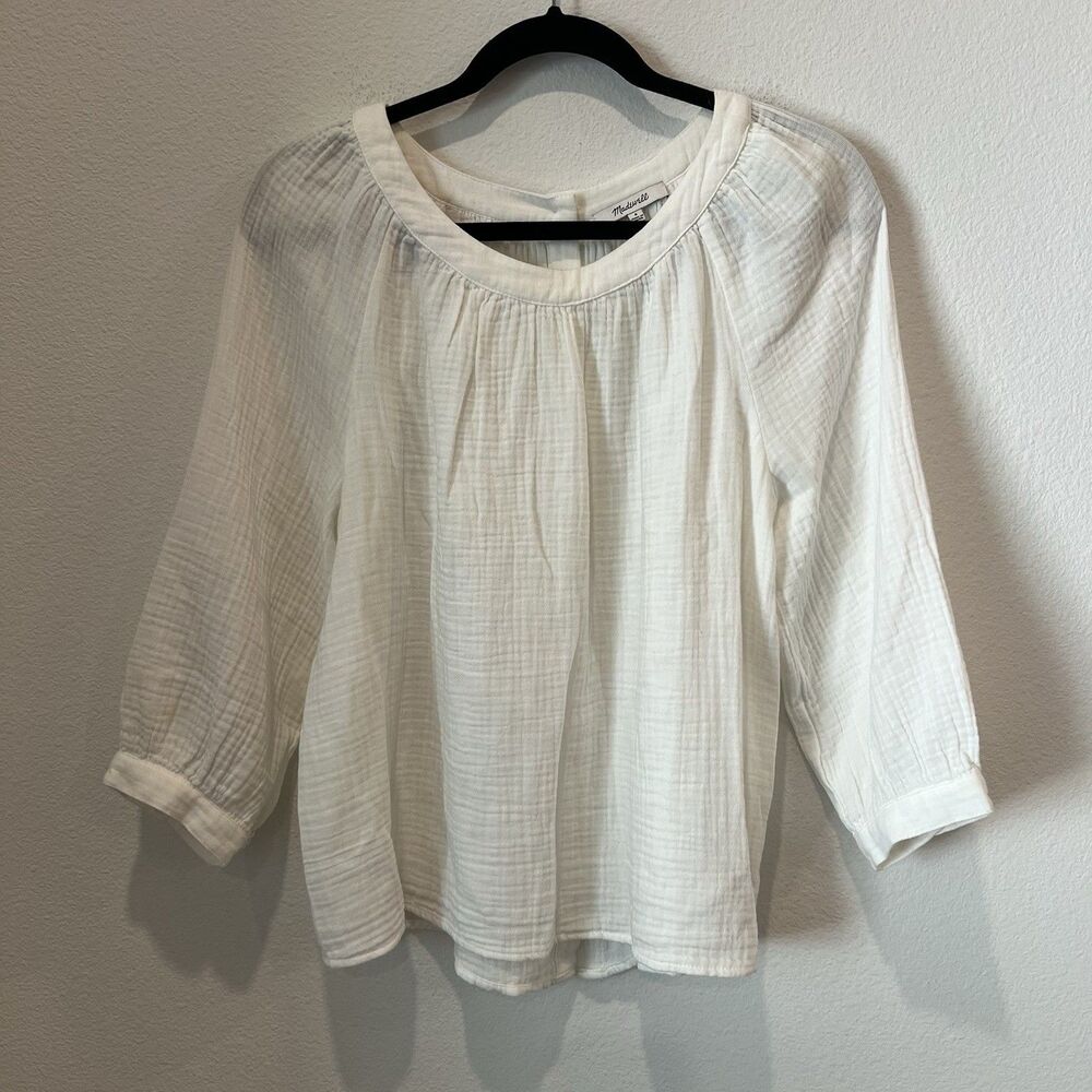 Madewell Lightspun Wide-Neck Cuffed-Sleeve Top White Small Peasant Coastal FF - Picture 3 of 11